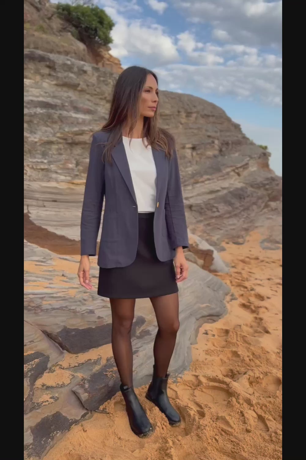 Cotton Linen Longline Blazer - Navy