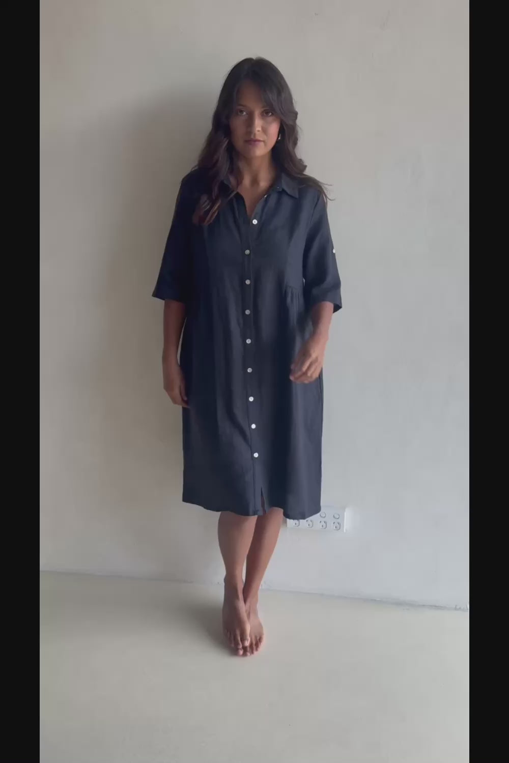 Linen Shirt Maker Dress - Navy