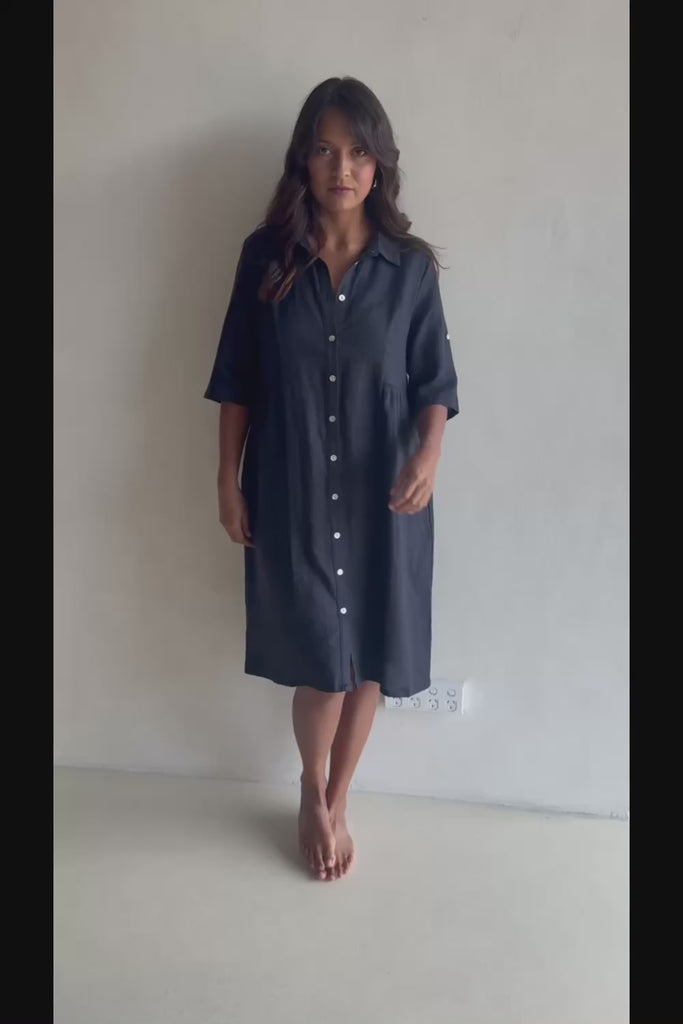 Linen Shirt Maker Dress - Navy