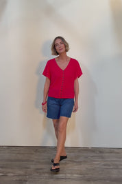 Cute As A Button Cotton Blouse - Red
