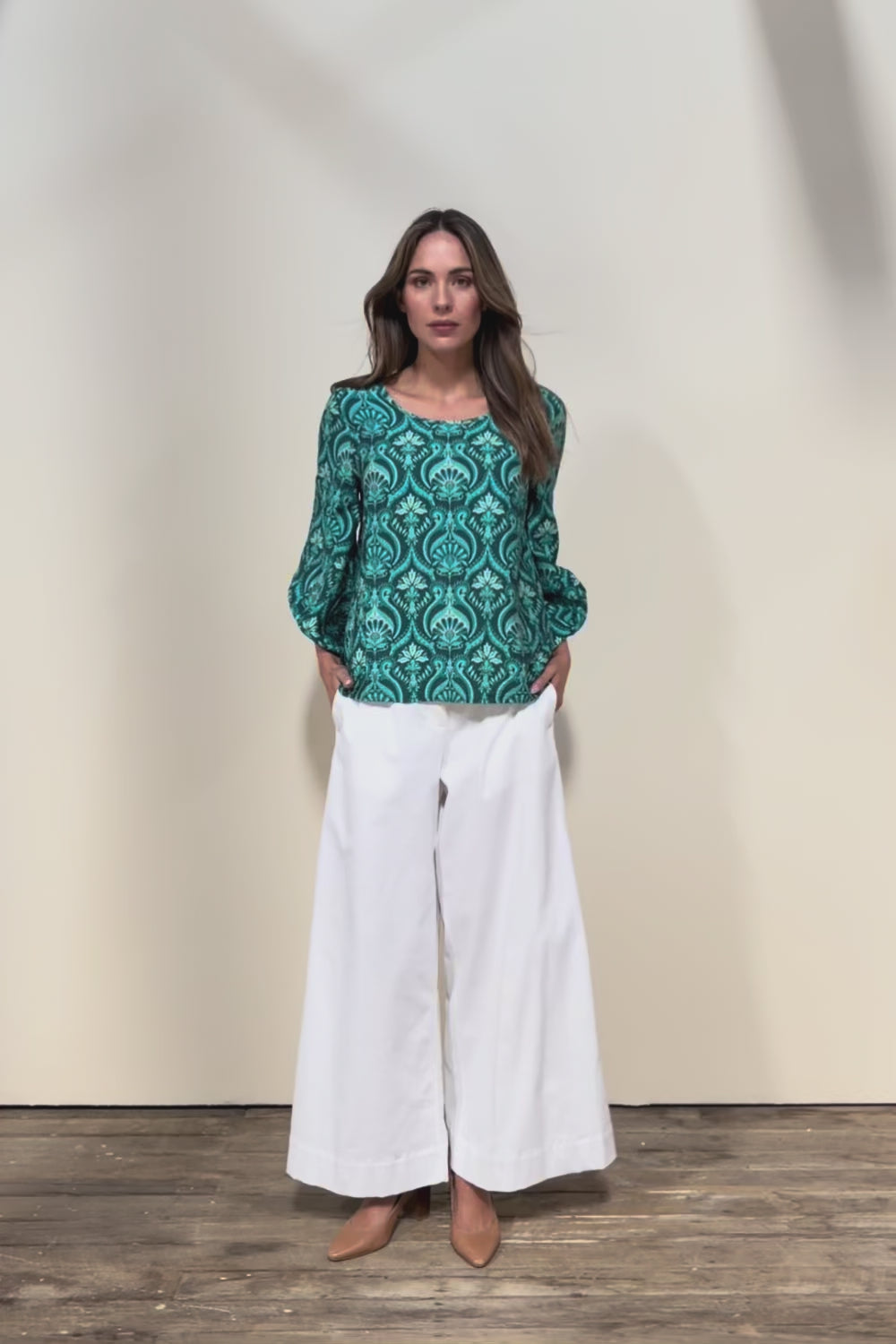 The Printed Bishop Sleeve Blouse – Tealdamask
