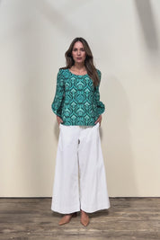 The Printed Bishop Sleeve Blouse – Tealdamask
