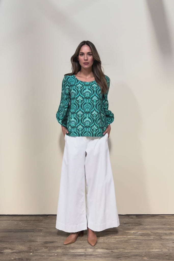The Printed Bishop Sleeve Blouse – Tealdamask