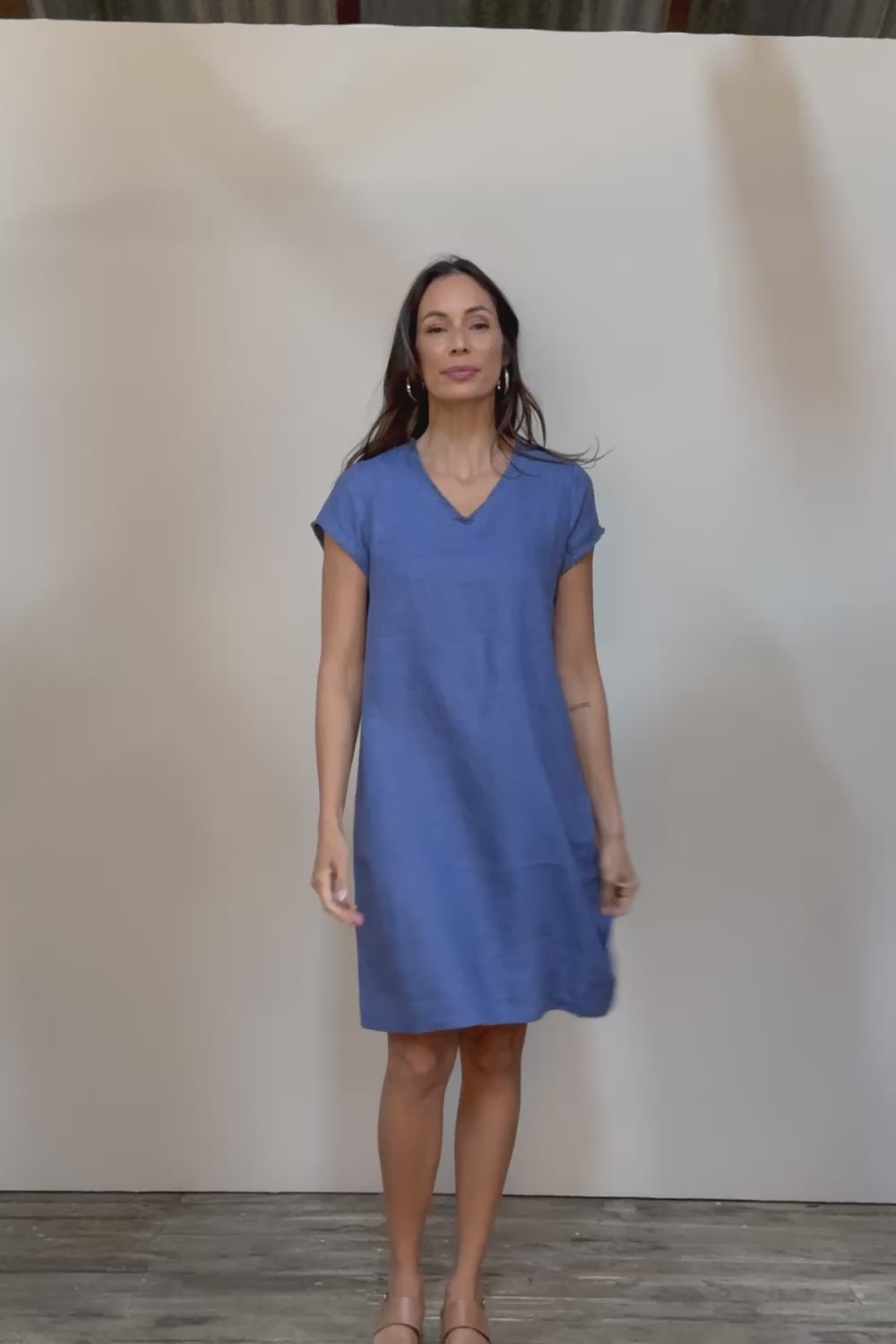 Linen V Neck Shift Dress - Denim