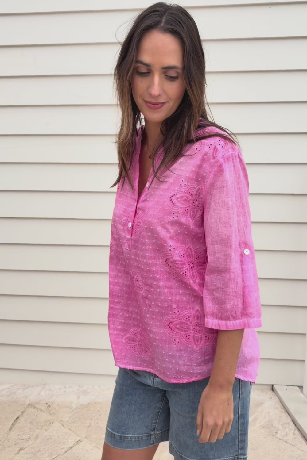 Cool Ease Embroidered Cotton Shirt – Pink
