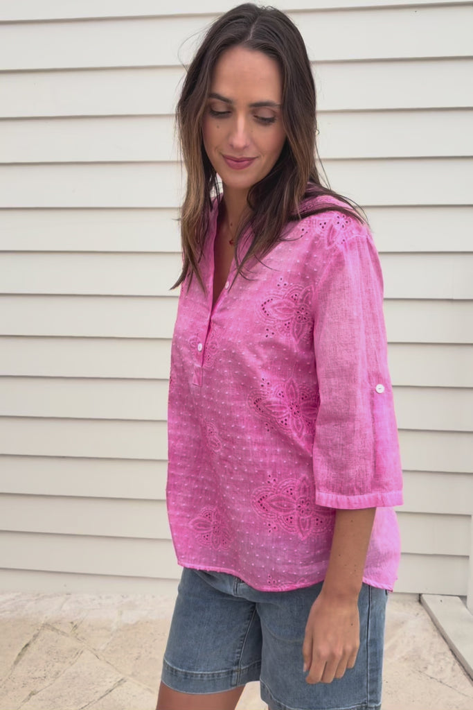 Cool Ease Embroidered Cotton Shirt – Pink