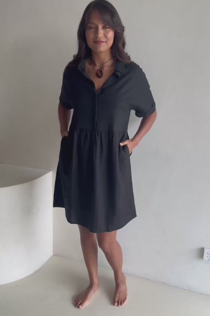Linen Throw On Dress - Black