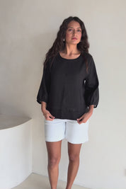 Linen 3/4 Sleeve Top – Black