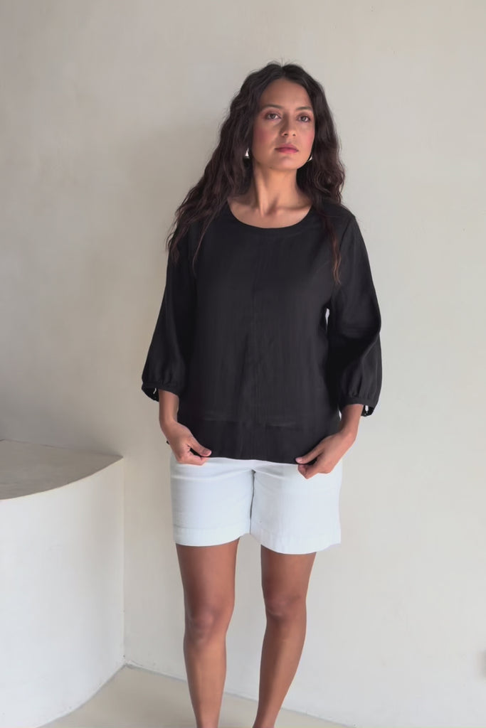 Linen 3/4 Sleeve Top – Black