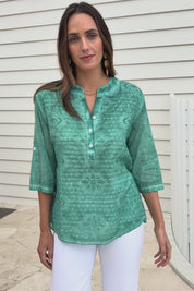 Cool Ease Embroidered Cotton Shirt – Lagoon