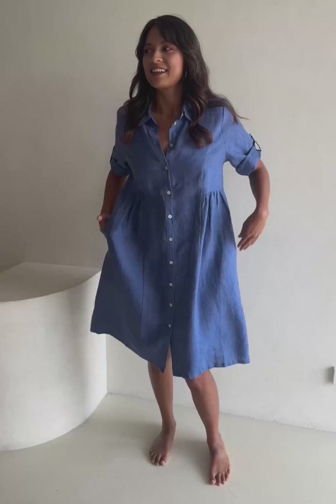 Linen Shirt Maker Dress - Denim