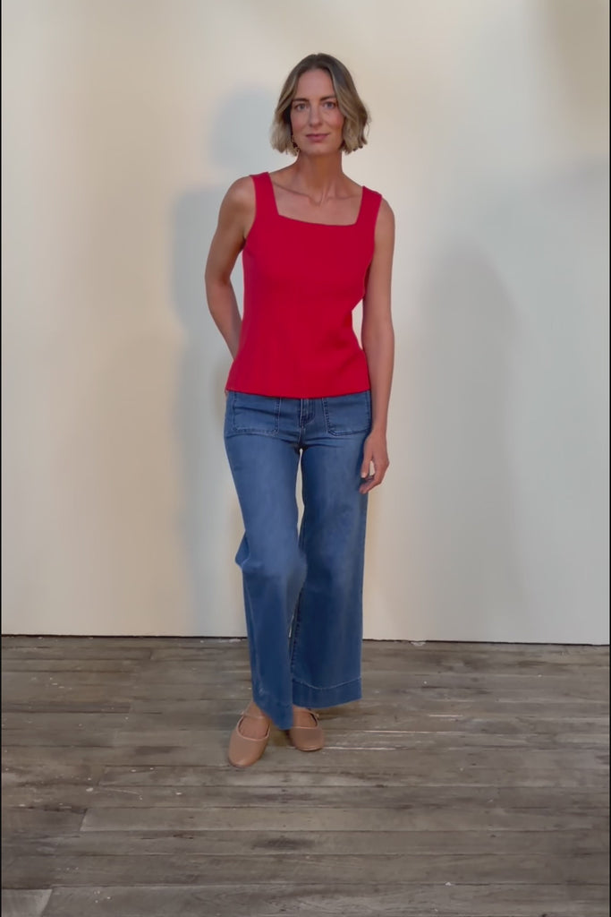 Essentials Squareneck Knit Cotton Tank - Red