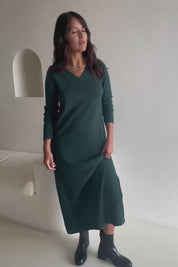 Cotton Cashmere Wool V Neck Knit Dress – Green