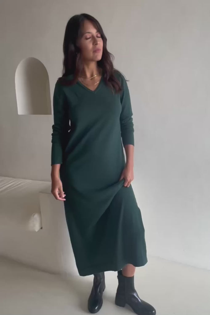 Cotton Cashmere Wool V Neck Knit Dress – Green