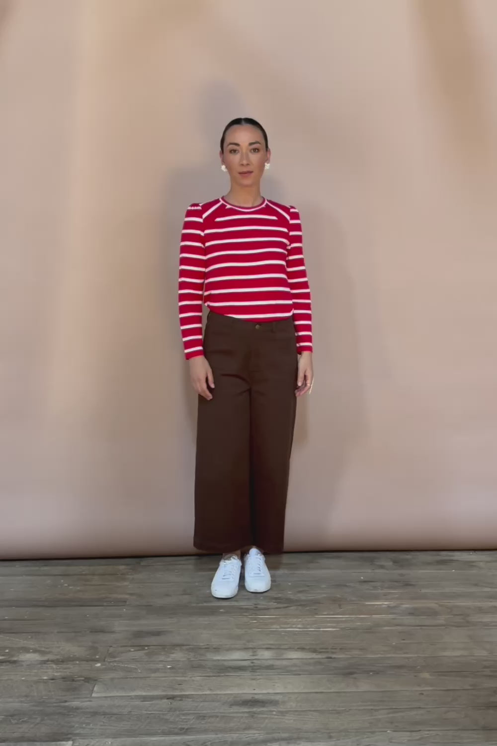 Cotton Stripe Long Sleeve Top - Redwhite