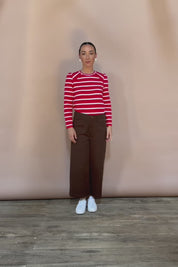 Cotton Stripe Long Sleeve Top - Redwhite