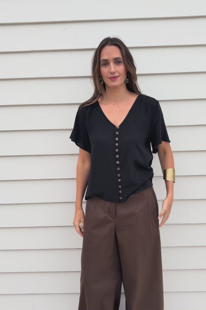 Cute As A Button Cotton Blouse - Black