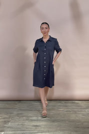 Linen Shirt Maker Dress - Navy