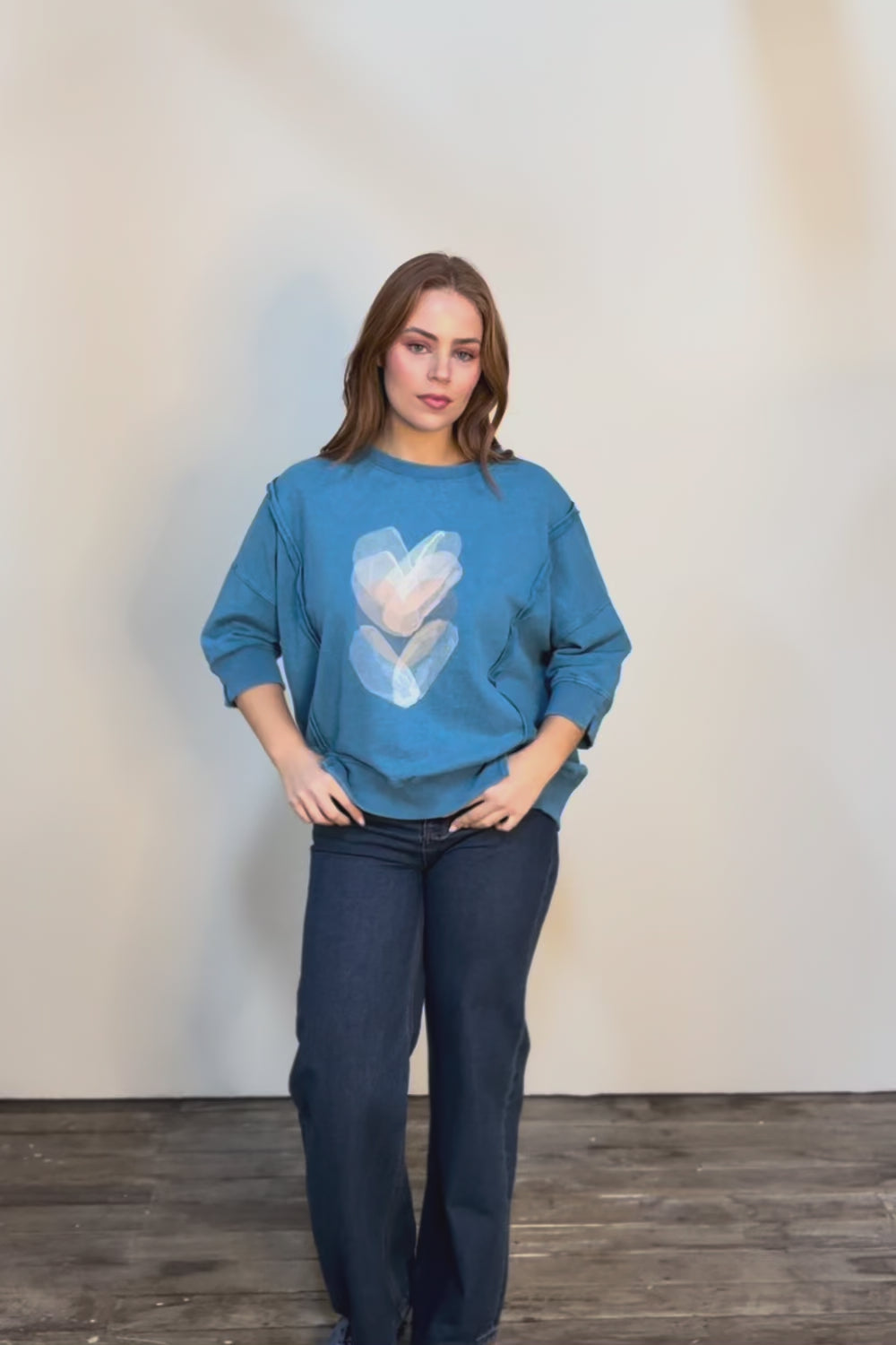 Heart Cotton 3/4 Sleeve Jumper – Bluebeige