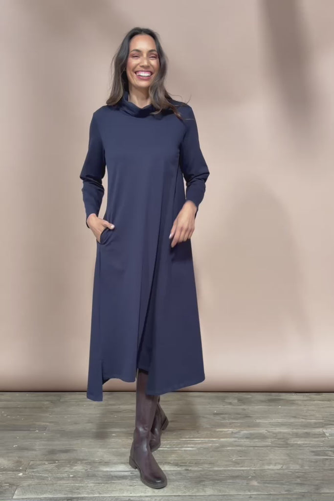 The Cotton Blend Cowl Neck Dress – Navy
