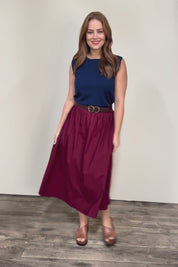 Cotton Blend Midi Skirt – Burgundy