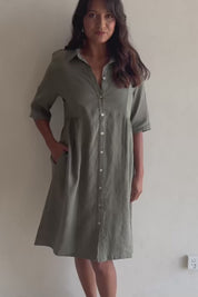 Linen Shirt Maker Dress - Olive
