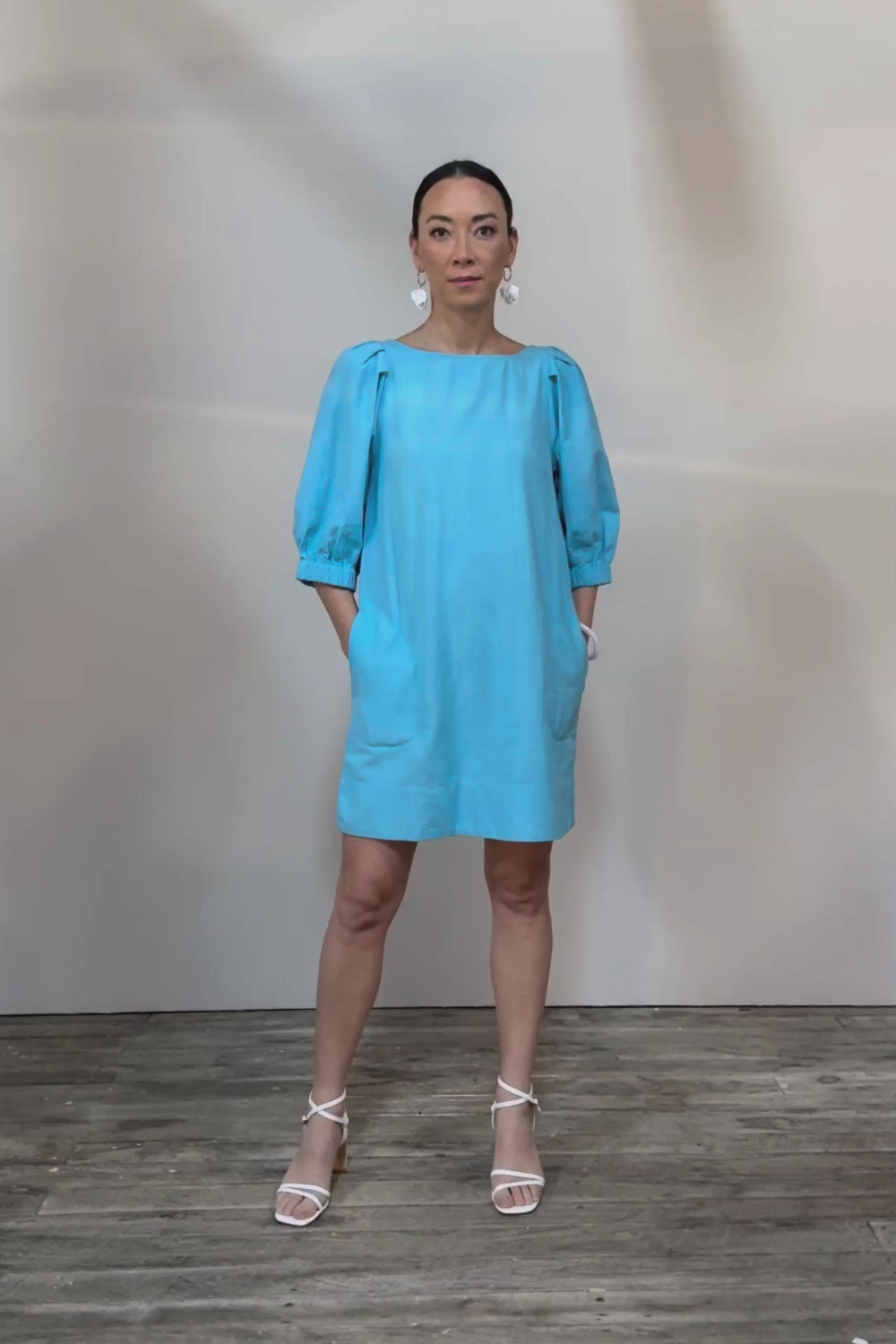 Puff Sleeve Cotton Dress - Lightblue