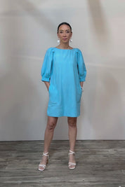 Puff Sleeve Cotton Dress - Lightblue