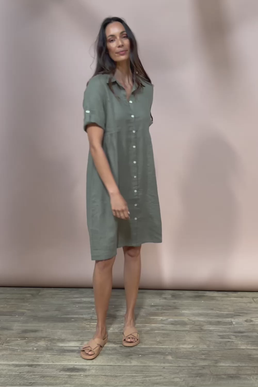 Linen Shirt Maker Dress - Olive