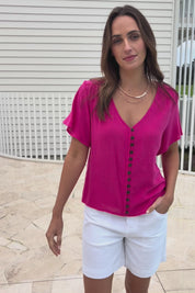 Cute As A Button Cotton Blouse - Hotpink