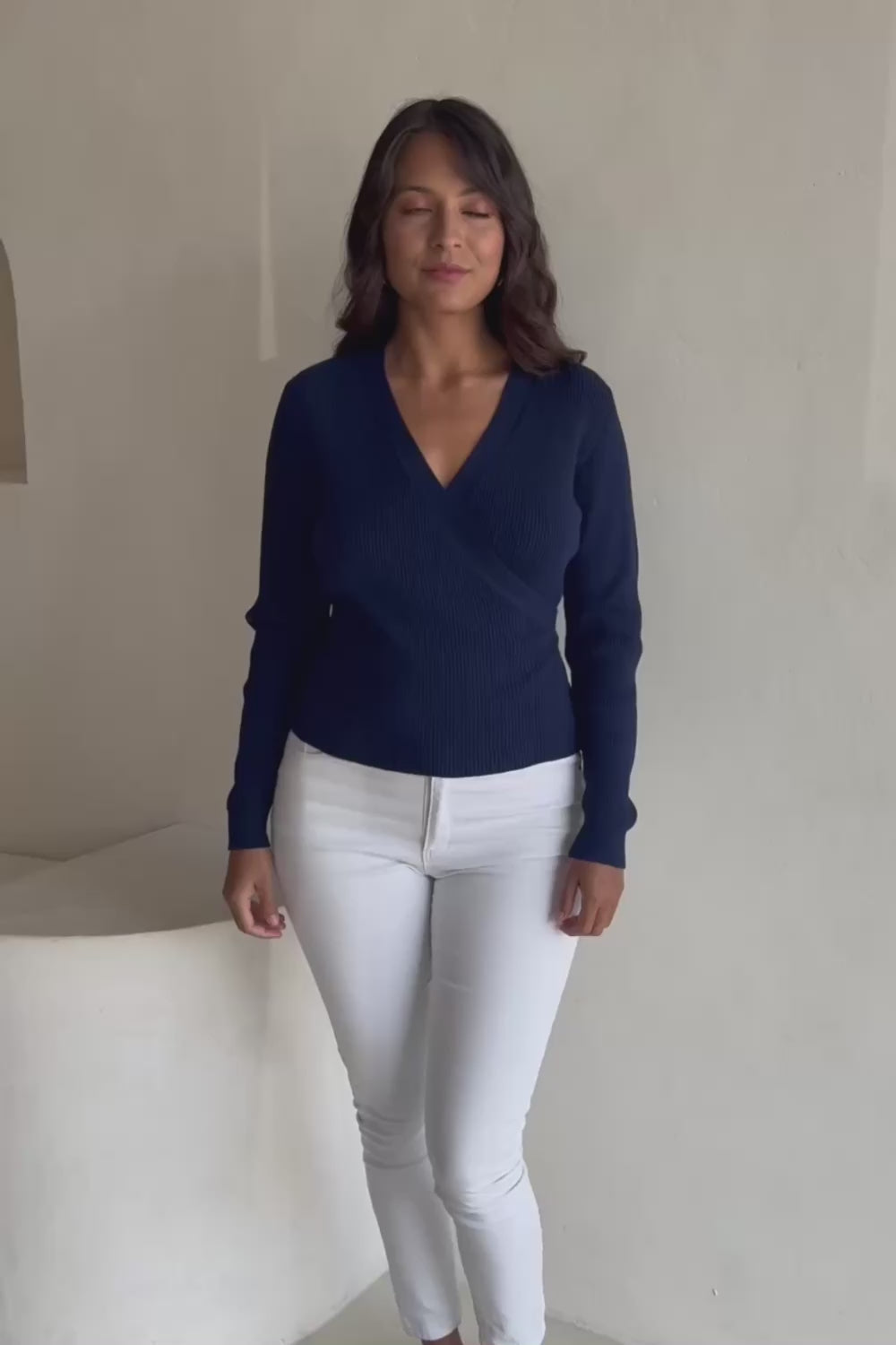 Cotton Cashmere Ribbed Wrap Top – Navy