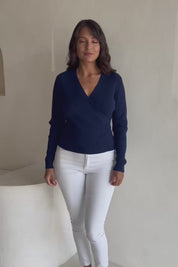 Cotton Cashmere Ribbed Wrap Top – Navy