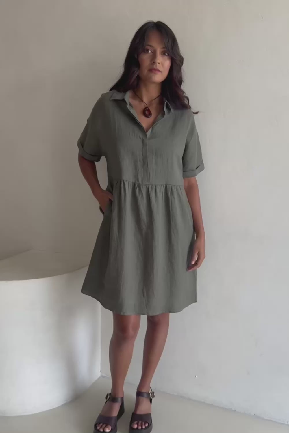 Linen Throw On Dress - Olive
